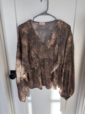 Beige & Black Printed V-Neck Peplum Blouse